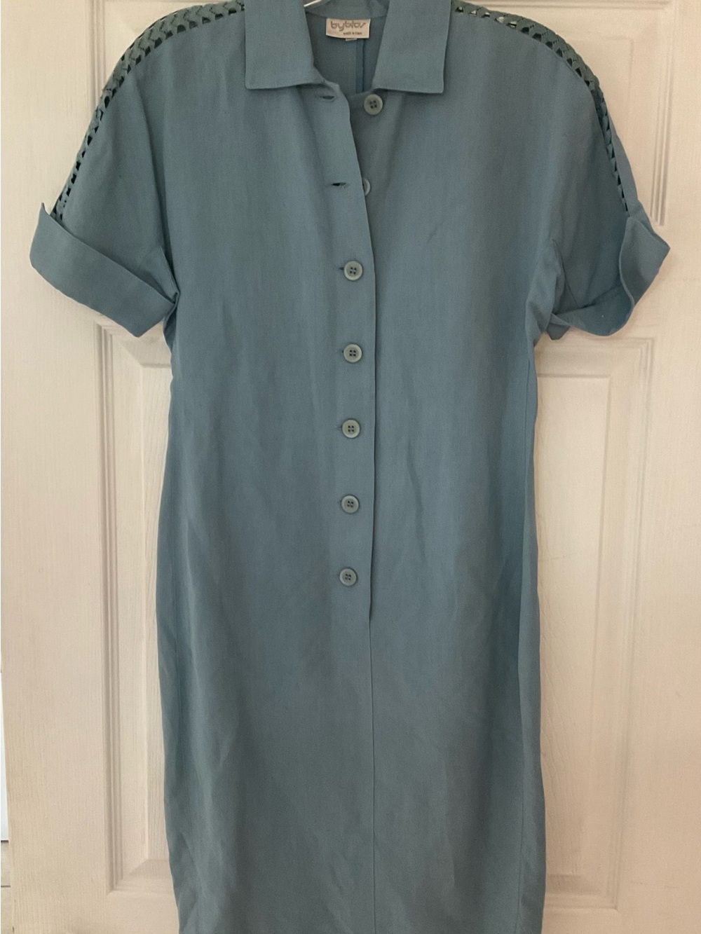 Dusty Blue Short Sleeve Button-Down Shirt Dress Italian Made